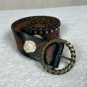 Fully Tooled Grommets Leather Belt Vintage white flower Western Cowgirl